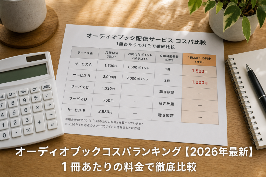 オーディオブックコスパランキング【2026年最新】1冊あたりの料金で徹底比較のアイキャッチ画像
