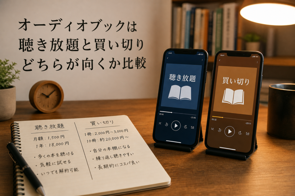 オーディオブックは聴き放題と買い切りどちらが向くか比較のアイキャッチ画像