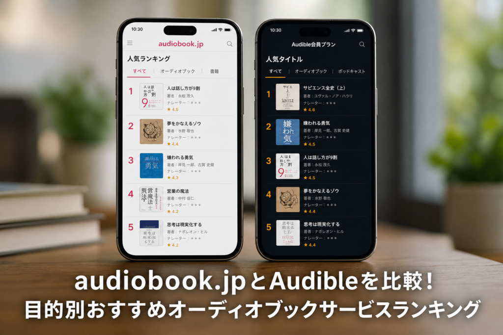 audiobook.jpとAudibleを比較！目的別おすすめオーディオブックサービスランキングのアイキャッチ画像