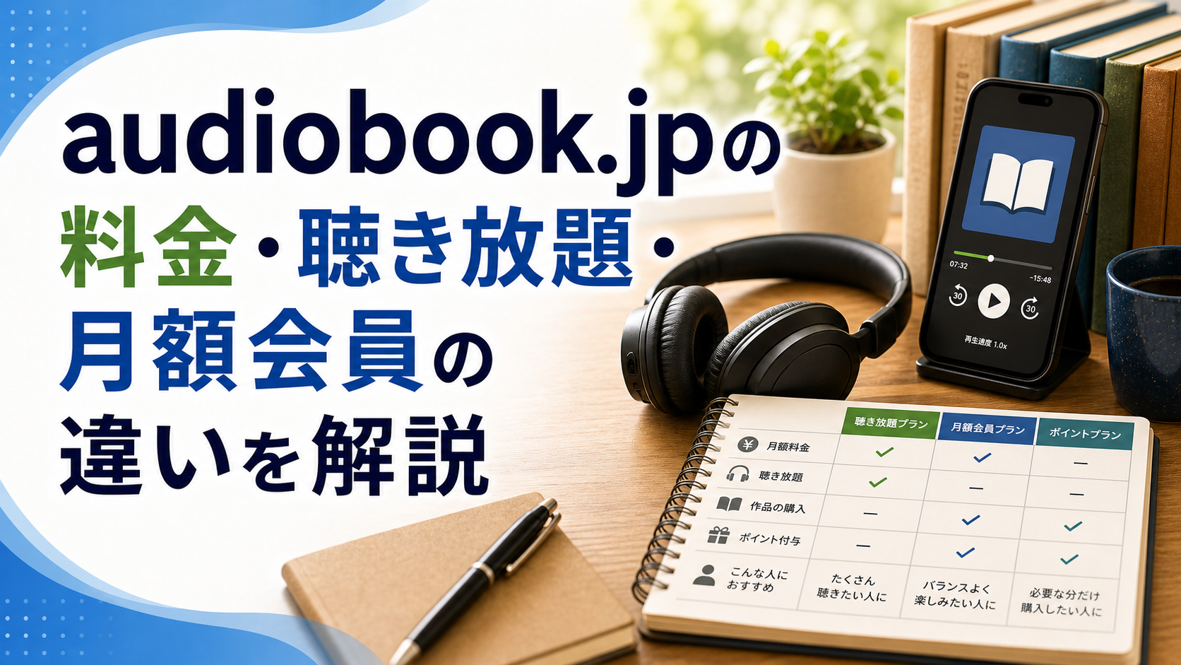 audiobook.jpの料金・聴き放題・月額会員の違いを解説のアイキャッチ画像