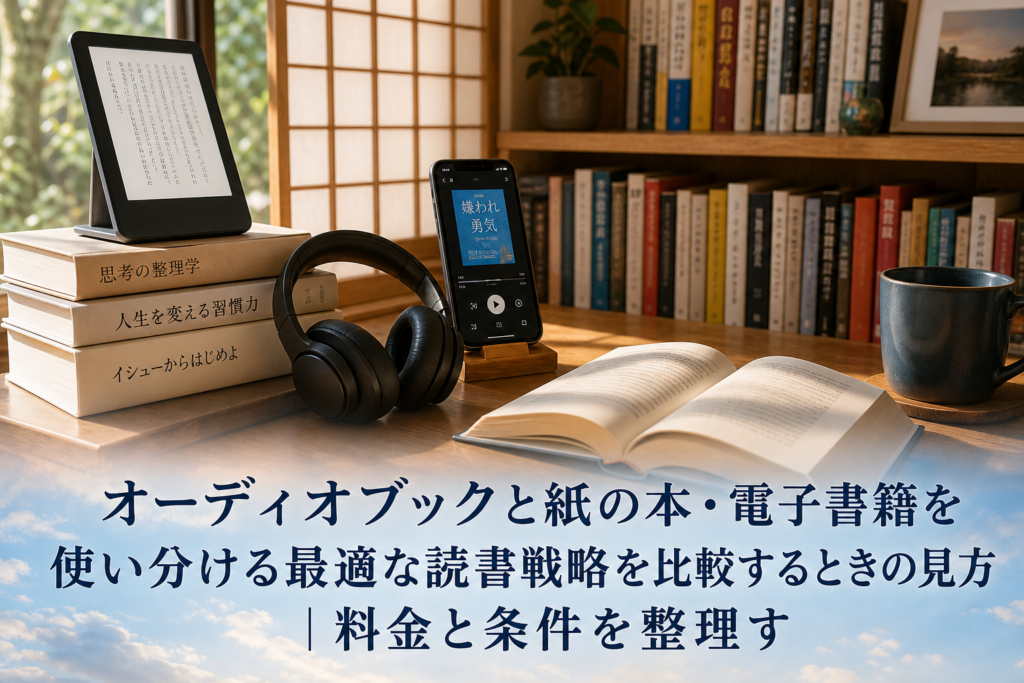 オーディオブックと紙の本・電子書籍を使い分ける最適な読書戦略を比較するときの見方｜料金と条件を整理すのアイキャッチ画像